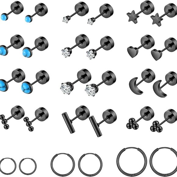 Hypoallergenic Surgical Steel Multiple Piercing Earring Set Silver Gold Black - Picture 1 of 6